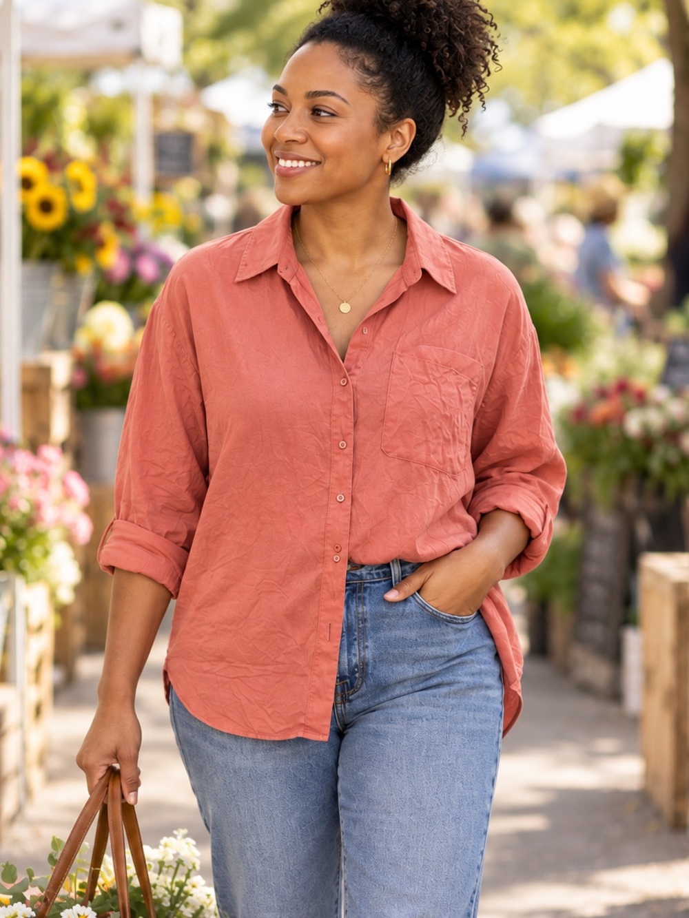 LOFT Women's Relaxed Button-Down Shirt - Dark Coral